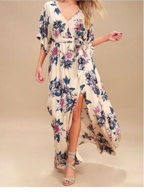 Lulu's Mustard Floral Wrap Maxi Dress